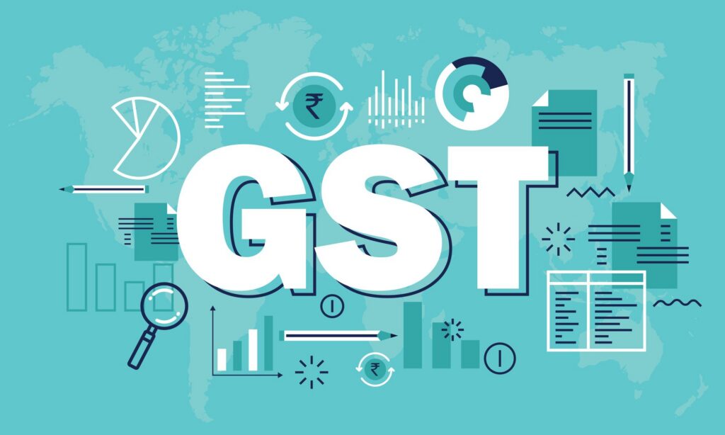 Australia Multi-Carrier Shipping: Cost Control for Alibaba Imports 2 A light blue infographic featuring large white "GST" text surrounded by pie charts, graphs, a magnifying glass, and documents, representing Australia GST analysis.