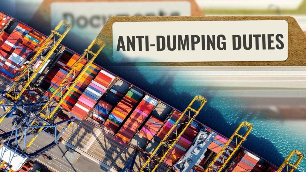 A folder tab labeled "ANTI-DUMPING DUTIES" overlaid on an aerial photo of a port with containers and cranes.