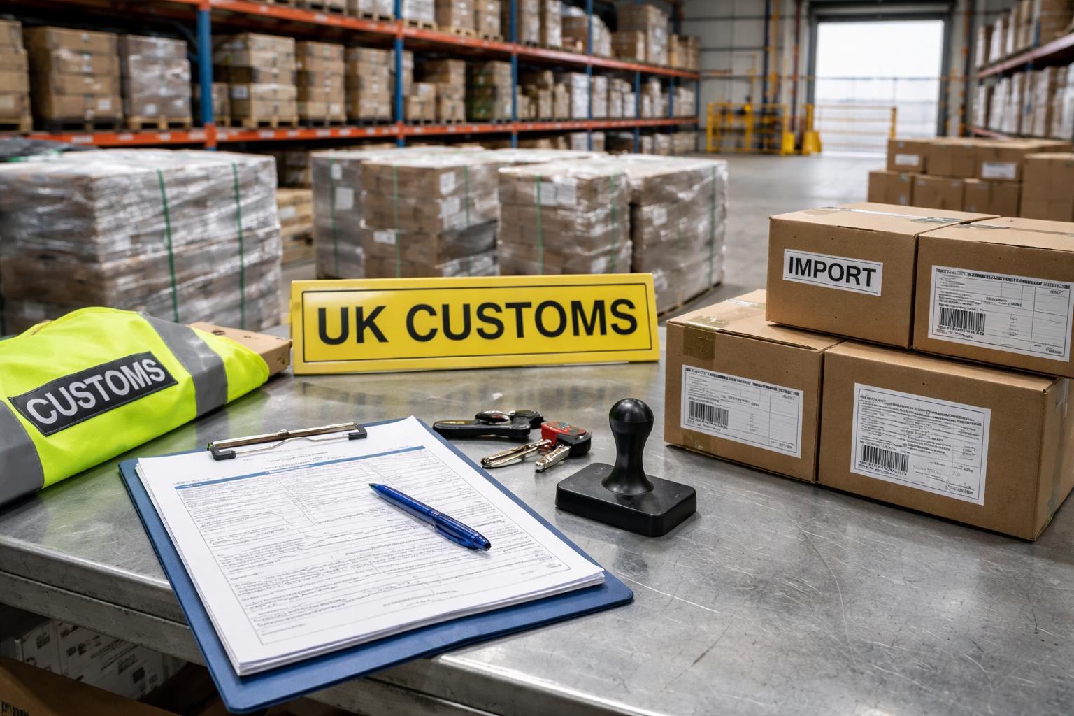 A warehouse table setup with a "UK CUSTOMS" sign, safety vest, clipboard, paperwork, keys, a rubber stamp, and "IMPORT" labeled boxes, representing UK Customs Compliance and UKCA procedures.