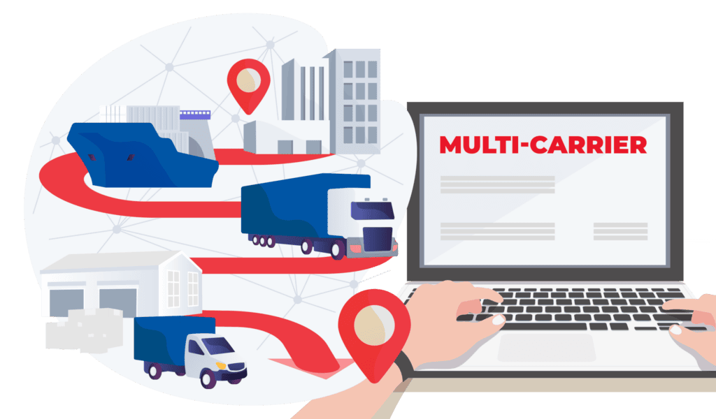Australia Multi-Carrier Shipping: Cost Control for Alibaba Imports 1 A flat illustration of a laptop screen displaying "MULTI-CARRIER," with a shipping network diagram featuring a ship, truck, and van connected by red pathways, representing Australia Multi-carrier shipping.