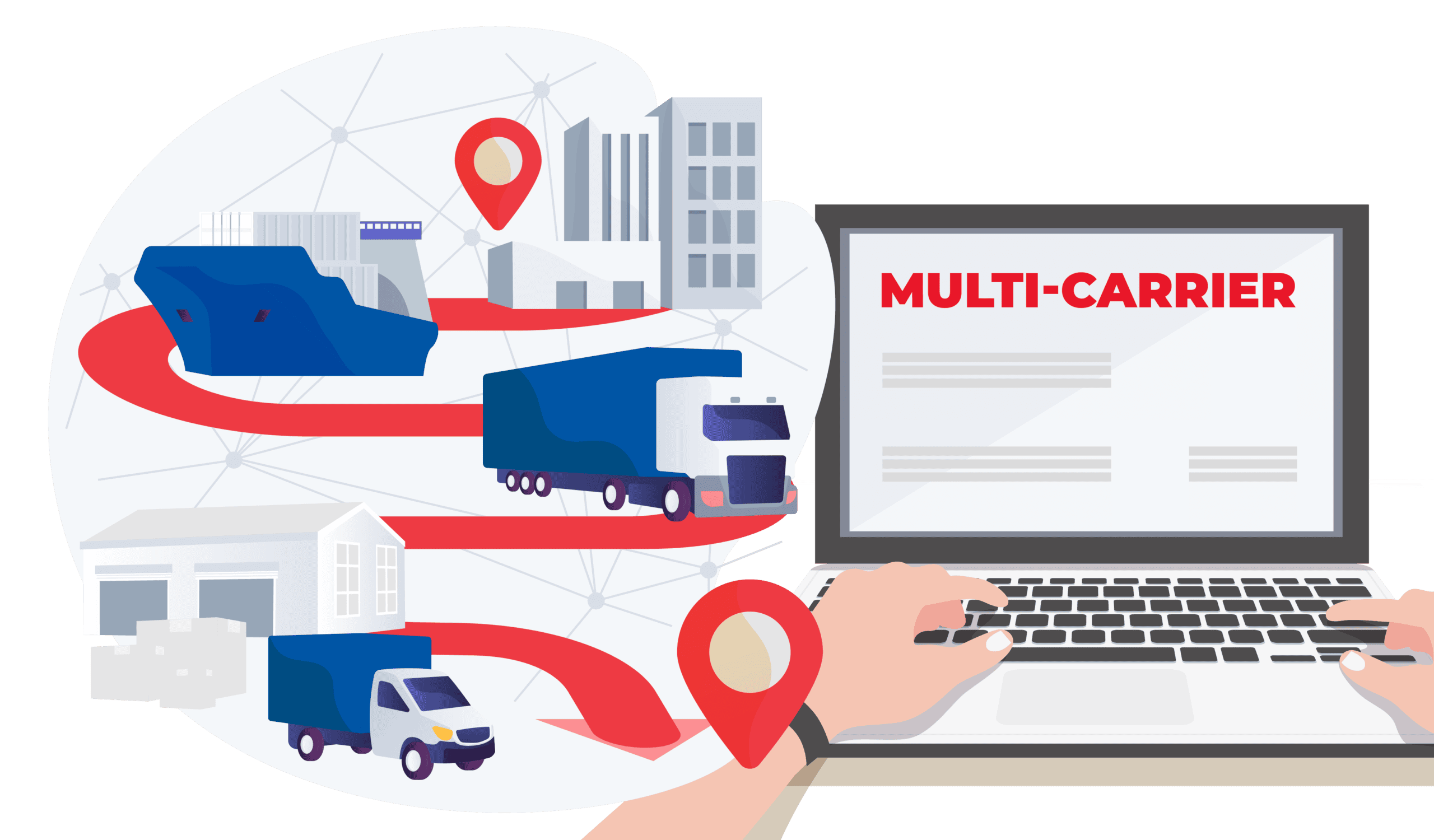 A flat illustration of a laptop screen displaying "MULTI-CARRIER," with a shipping network diagram featuring a ship, truck, and van connected by red pathways, representing Australia Multi-carrier shipping.