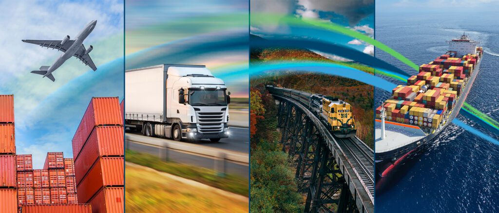 A four-panel collage showing a cargo plane, white truck, yellow freight train, and a container ship, connected by colored arcs, representing Road, Air, Rail, and Sea Freight as UK shipping modes.