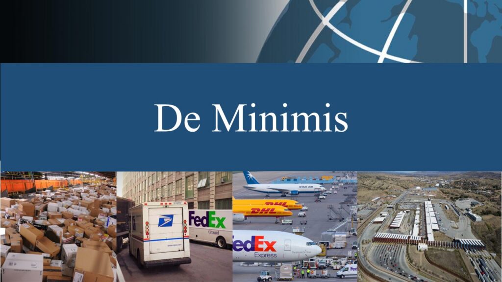 UK De Minimis £135: Duty-Free but VAT Applies 1 A title graphic reading "De Minimis" above a collage of logistics images including a packed warehouse, delivery trucks, cargo planes, and a rail yard, representing the context of UK De Minimis trade rules.