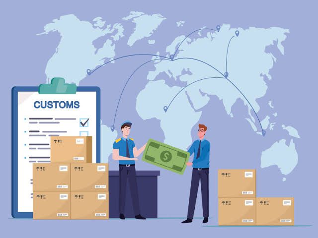 Customs clearance illustration: A customs officer handing a green dollar envelope to a business person next to a large customs checklist and shipping boxes, with a world map in the background.