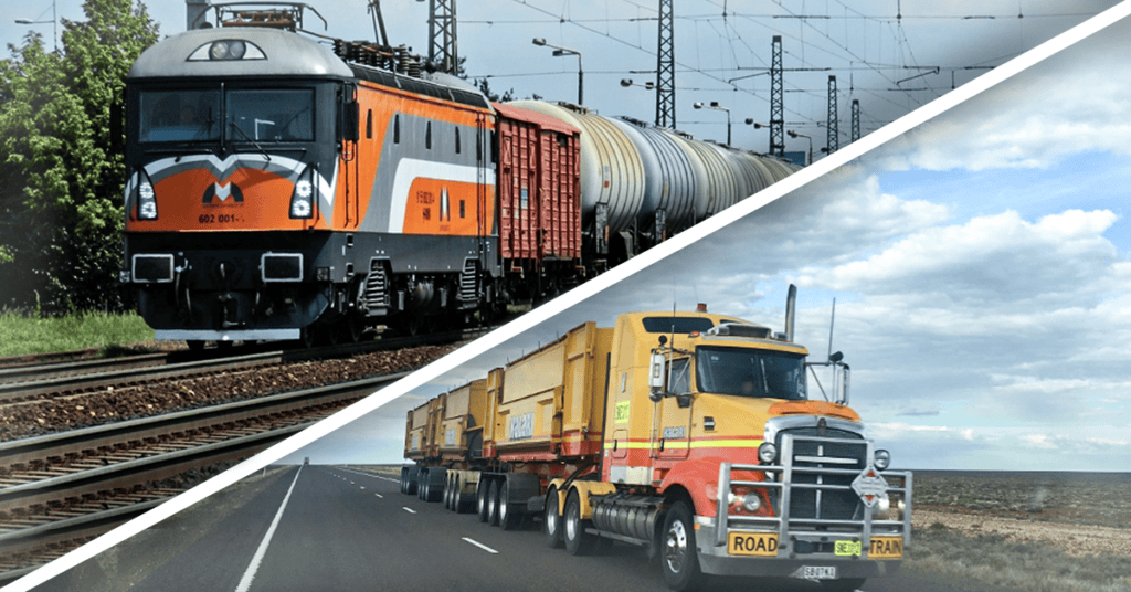 A split image showing an orange freight train on the left and a yellow and red heavy truck driving on a highway on the right, representing overland Truck Freight (Rail/Road) logistics.