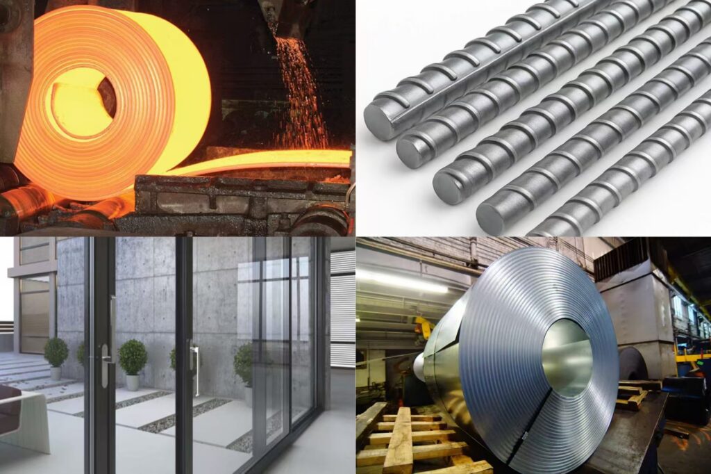 A collage showing hot steel coils, rebar, aluminum doors, and flat-rolled steel, representing goods affected by Australia Anti-dumping Actions on Chinese Products.