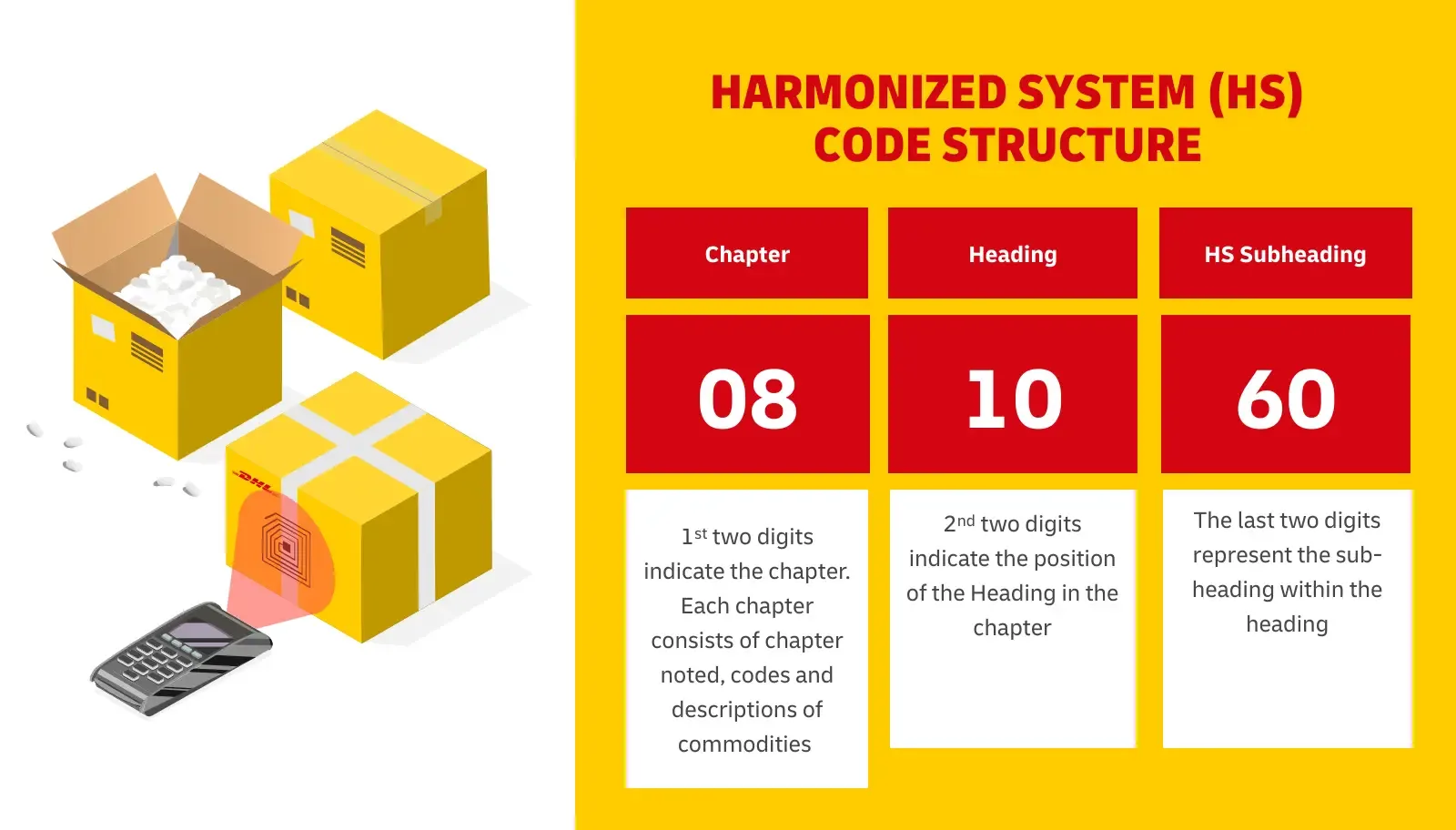 HS code structure diagram showing Chapter 08, Heading 10, and HS Subheading 60
