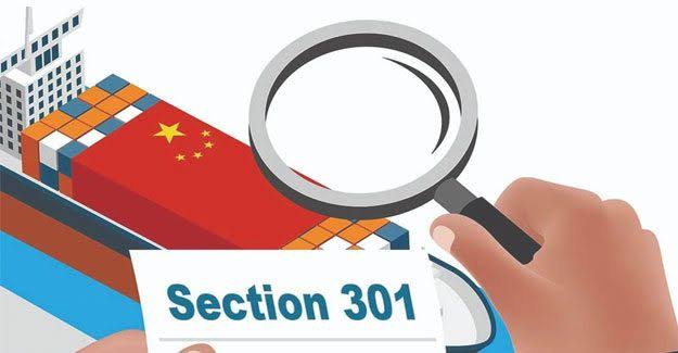 A hand with a magnifying glass inspecting a "Section 301" document next to a container ship with the Chinese flag.